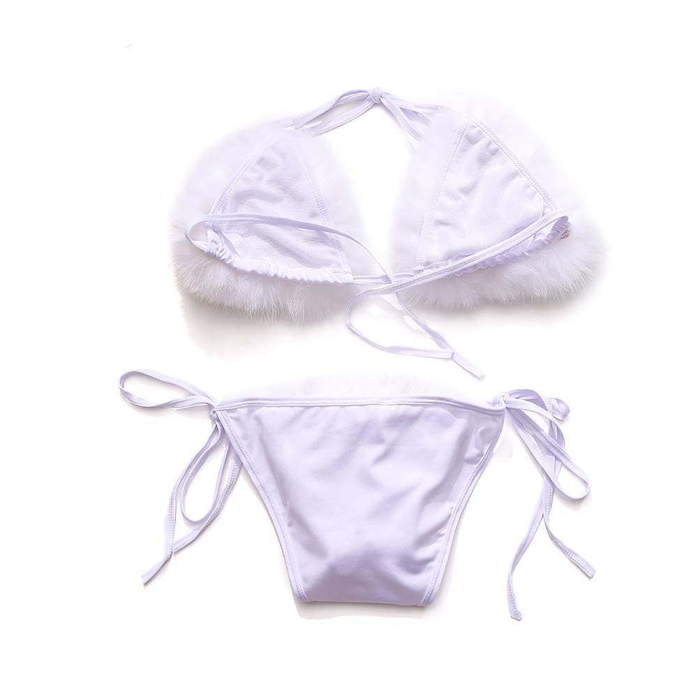 ZOSCGJMY Women's Faux Fur Halter String Triangle Bikini Sets Two Piece Swimsuits: One Size White