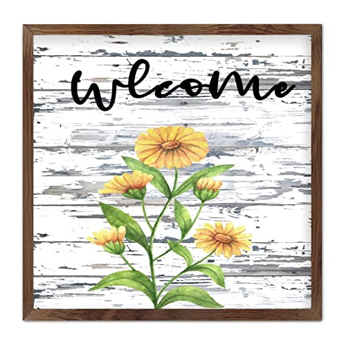 NA Farmhouse - Placa decorativa de madera enmarcada con texto en inglés 'Welcome Sunflower Sunflow', con citas, decoración del hogar, para oficina, casa, 12 x 12 pulgadas