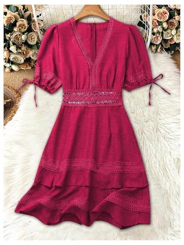 SOLY HUX Women's Summer Dress Hollow Out Lace V Neck Puff Short Sleeve A Line Layered Short Dresses3