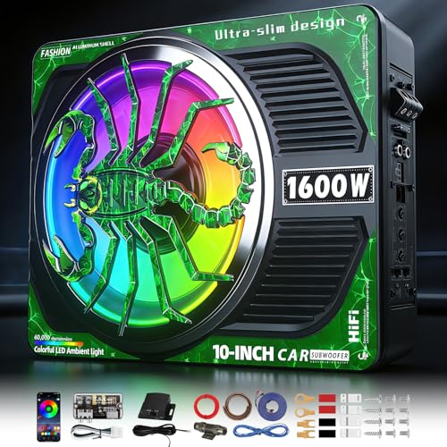 Image of 1600W Slim Underseat Car Subwoofer and Amp Package, Under Seat Subwoofer with Built-in Class D Amplifier, RGB Beat-Synced Light, Deep Subsonic Bass, Powered Subwoofer Car Audio for Truck /SUV