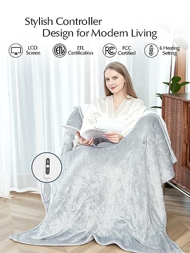 Heated Blanket Throw Size, Soft and Cozy Electric Heating Blanket for Bed, Automatic Safety System 6 Heating Levels & 4 Hours Auto-Off, 50" x 60" Violet Grey