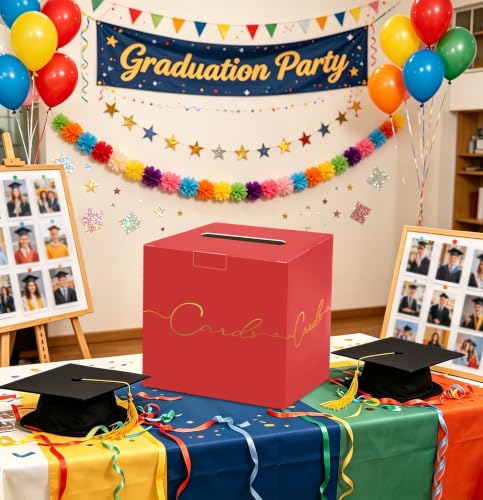 Image of HEIPINIUYE Red Wedding Card Box with Gold Foil 9.8 inch x 9.8 inch Red Large Gift Card Box for Party Wedding Reception Graduation Birthday Baby Shower Cardboard Raffle Envelope Box with Slot