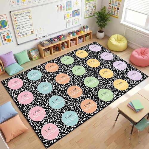 BreezeHug 7.5 x 12 ft Classroom Rug Pastel Composition Notebook Rug Back to School Supplies Educational Area Classroom Carpet Positive Affirmation Station Carpet for Teaching Playroom Read Room Decor