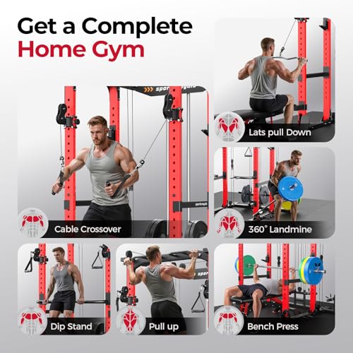 Image of SPORTSROYALS Power Rack, Multi-Functional Power Cage, Squat Rack with Pulley System & LAT Pull Down, Workout Cage with J Hooks for Home Gym