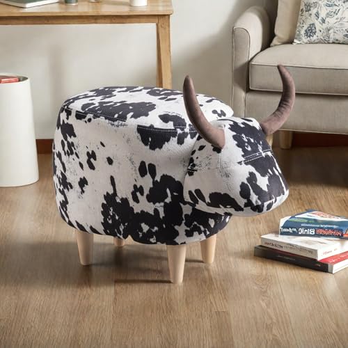 Image of Christopher Knight Home Isana Cow-Shaped Ottoman, Cute Wood Foot Stool Shoes Changing Seat with Cushioned for Living Room, Bedroom, Playroom Porch Furniture, Black and White Velvet