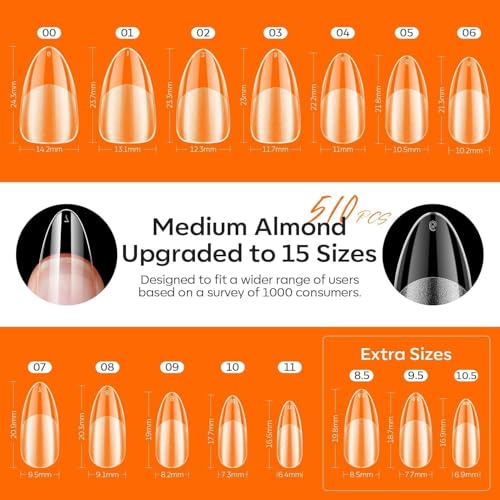 Image of modelones X Nail Gel Kit Almond, Upgrade 15Sizes Fake Nails, 9-in-One Glue Dehydrator & Mini U V Light Clipper, 510Pcs Medium Almond Press on Tips for Extension DIY Salon Home Gift