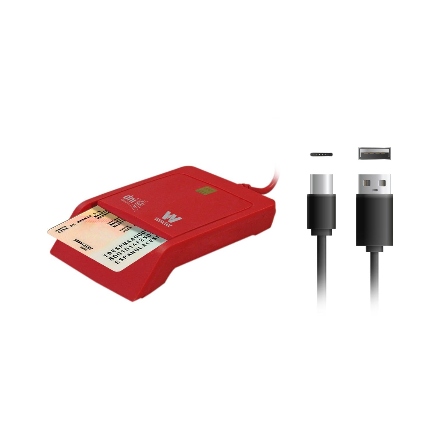 Woxter Electronic DNI Reader with Type C Connection – Smart Electronic DNI, DNI 3.0 and 4.0, Type C, Compatible with PC and Mac, Includes Type C to USB A Adapter, Red