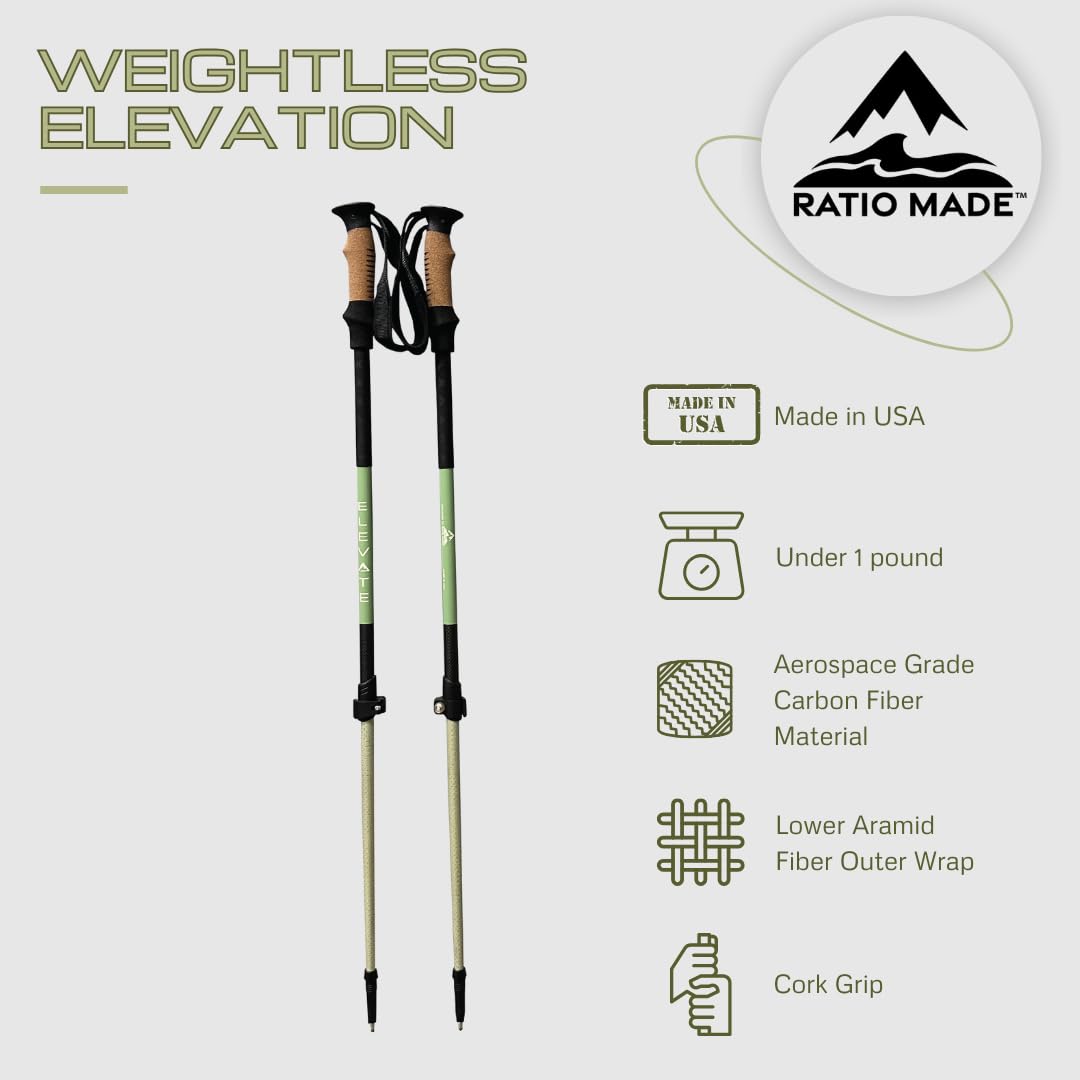 Elevate Lightweight Collapsible Trekking Pole Pair- Carbon Fiber and Aramid Fiber with Cork Grips- Made in USA (100 cm-115 cm)