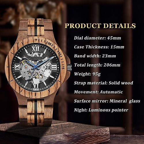 Forsining 2309041 Men'S Solid Wood Mechanical Skeleton Watch, Vintage Wooden Band With Hollow Dial Wristwatch, Automatic Self-Wind Men Watches thumb #6