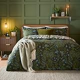 furn. Set copripiumino Garden of Wonder - Set di biancheria da letto reversibile in misto cotone con motivo floreale e boscaglia botanica (Sempreverde - Singolo)