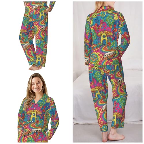 Image of Women'S Long Sleeve Pajama Set Soft Loungewear Button-Down Top & Elastic Waist Pants S- 2XL