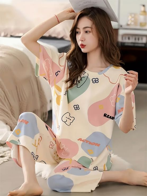 Image of Lunza Women's Cotton Pajama Set with Top & Pants|| Korean Night Suit|| Lightweight Printed Set || Soft & Comfy Sleepwear for Girls & Women