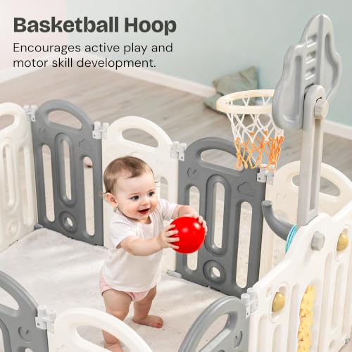Image of Baybee Kids Playpen for Babies | Foldable Baby Play Area Indoor Setup with Basket Ball Hoop, Safety Door Lock & Double Knob | Outdoor Play Pen for Baby for 0 - 5 Years Boys Girls | Baby Activity Playards with Kids Customized Shapes (Grey-12 Panels)