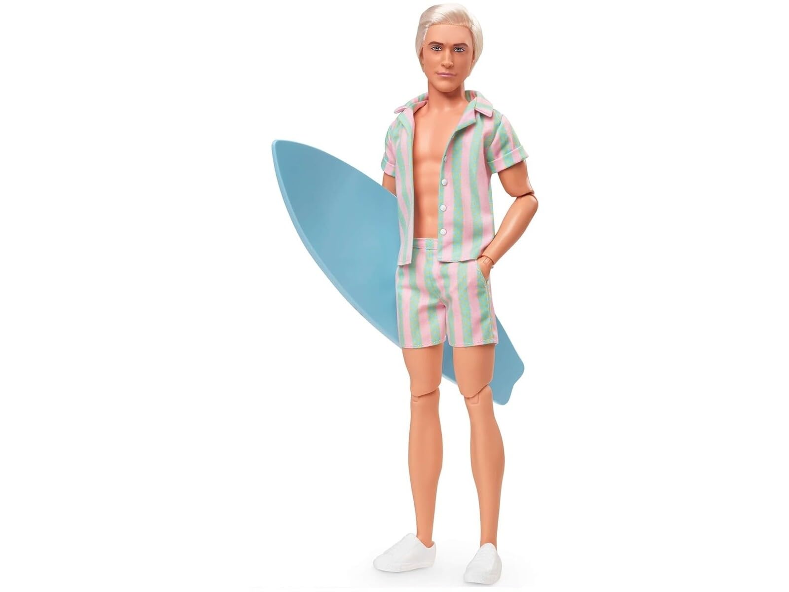 Barbie Il Film - Ken Giorno Perfetto, bambola con completo da spiaggia a righe rosa e verde pastello, tavola da surf e sneaker bianche incluse, giocattolo per bambini, 3+ anni, JBJ54