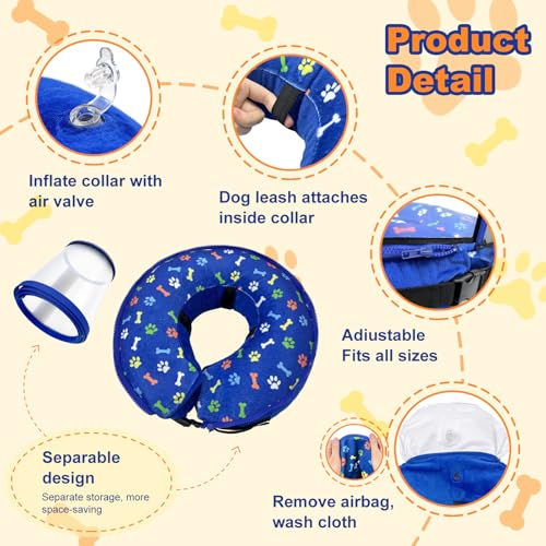 Image of Dog Cone Collar with Enhanced Anti-Licking, Inflatable Dog Cone After Surgery, Adjustable Size with Soft Padding for Small Medium Large Dogs - Blue /M
