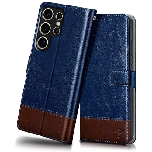 Image of FLIPPED Vegan Leather Flip Case Back Cover for Samsung Galaxy S25 Ultra 5G (Flexible, Shock Proof | Hand Stitched Leather Finish | Card Pockets Wallet & Stand | Blue with Brown)