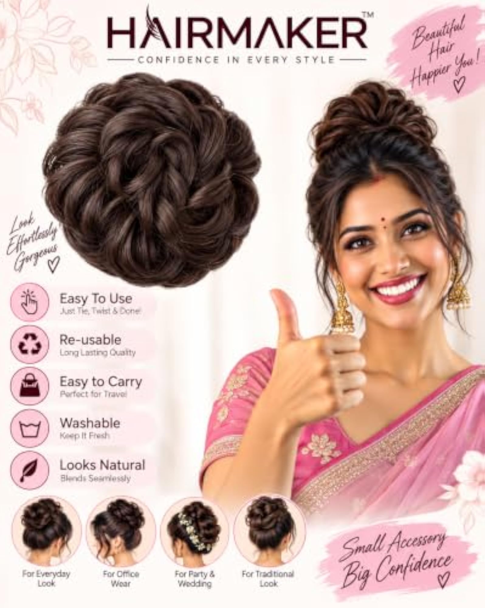 Messy Bun Hair Extension with Elastic Rubber Band, Dark Brown