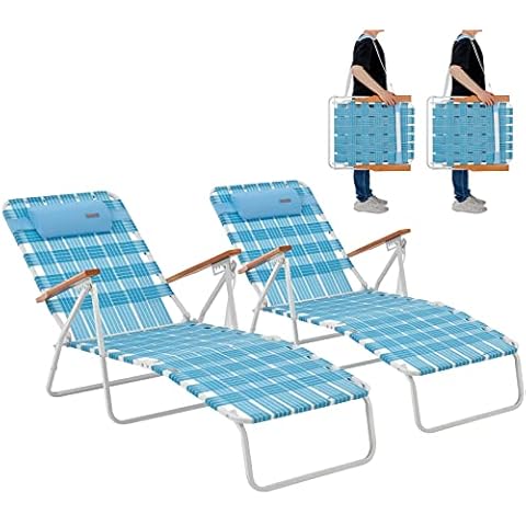 #WEJOY Beach Lounge Chair for Adult Webbed Lounge Chair 5-Position Adjustable Portable Lightweight Chaise Lounge Chair with Pillow for Beach,Sun Deck,Lawn,Backyard, Pool,Camping,Garden(Lightblue) Cover