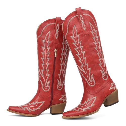 Image of mikarka Western Cowboy Boots for Women Cowgirl Knee High Boots Pointed Toe Chunky Heel Faux Leather & Suede Vintage Classic Tall Boots