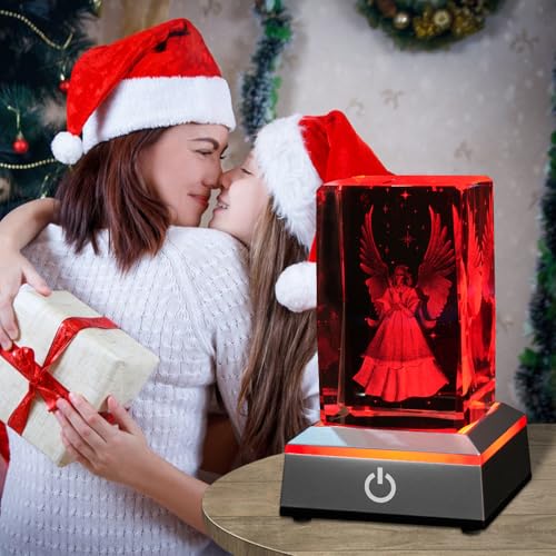 Image of 3D Guardian Angel Crystal Night Light with Multicolor LED Base Glass Laser Engraved Guardian Angel Figurines Statue Lamp Gifts for Women Friends Birthday Christmas Room Decor