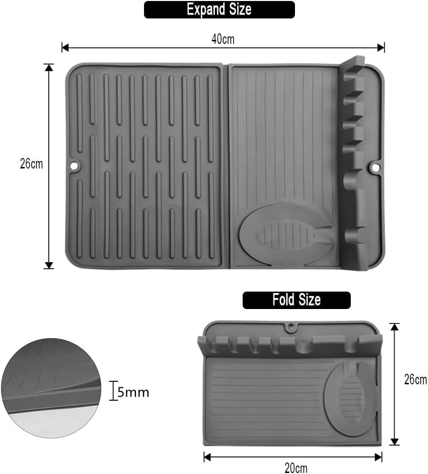 Dhamee Heat Resistant Silicone Dish Drying Mat, Non-Slip Foldable Kitchen Dining Table Sink Mat with Hanger, Multifunctional Dish Drying Mat with Spoon Holder, 40 x 26Cm (1Pcs) 4