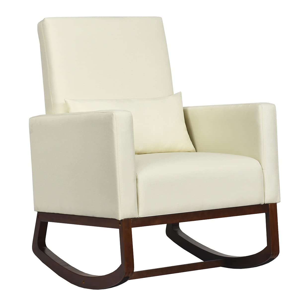 Giantex Upholstered Rocking Chair, Modern High Back Armchair, Comfortable Rocker with Fabric Padded Seat, Waist Pillow and Wood Base Accent Chair for Nursery, Living Room, Bedroom, Office, Beige
