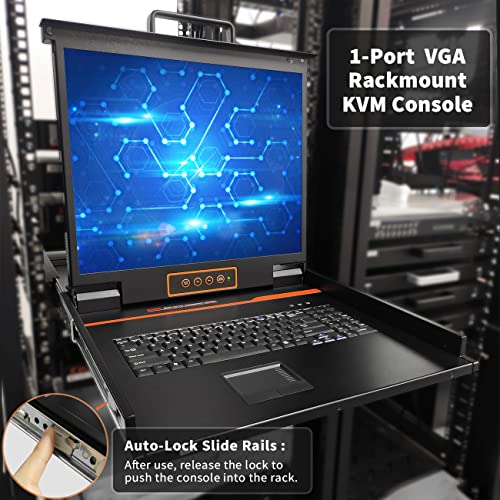 Image of 1U Rack Mount KVM Console-19'' Rackmount Monitor Keyboard and Single Port VGA KVM, 50,000 MTBF,1280X1024 60Hz,17.6x19.9x1.67 Inches(WXDXH),Fit 1U 19'' Rack, 1 USB /VGA Cable,1 Power Cord, 4 Brackets