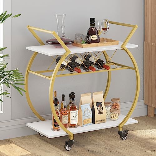 Image of LVB Modern Bar Cart, Industrial Rolling Serving Wine Cart, White and Gold