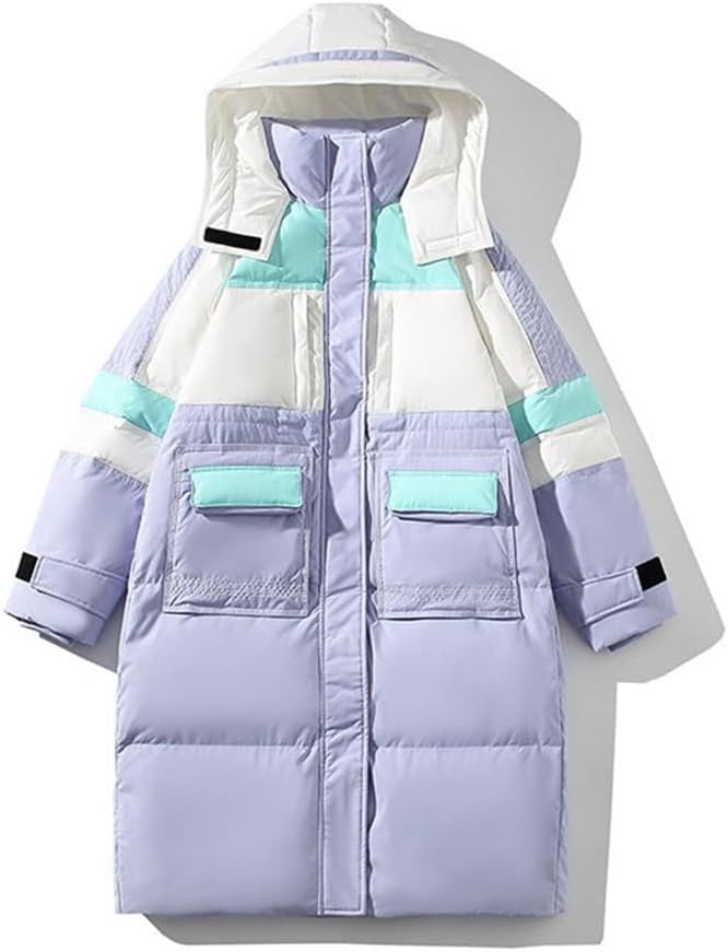 Autumn and Winter Splicing Mid-length Color Collision Loose Hooded High Waist Type Down Jacket