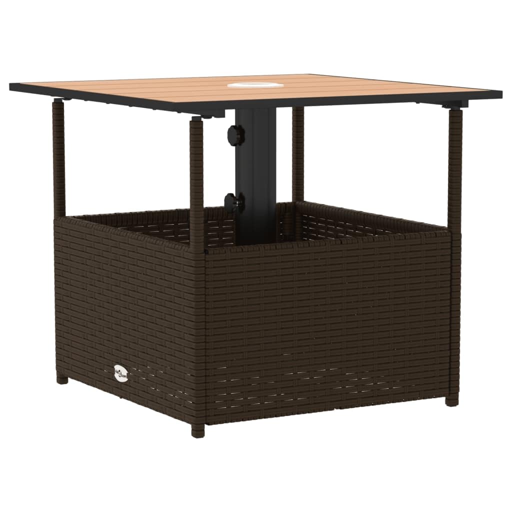 Tavolo da giardino con foro per ombrellone, marrone, 55 x 55 x 46,5 cm, in polyrattan, resistente ai raggi UV, telaio in acciaio verniciato a polvere, piano in legno di acacia, salvaspazio