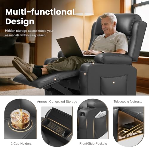 Image of Home Theater Seating, Power Recliner Sofa Chair with Massage & Heat, Wall Hugger Reclining Single Chairs with USB, RV Furniture with LED Lights, Cup Holders for Movie Theater & Gaming Room