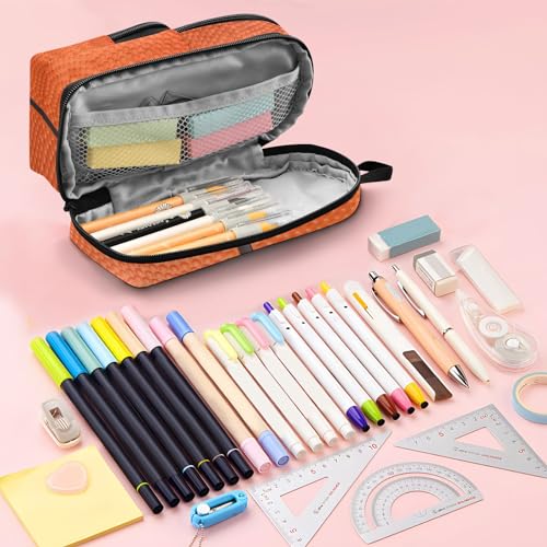 Image of ZAZYXTJ Basketball Texture Standing Large Capacity Pencil Case 3 Compartment Pen Pouch Storage Canvas Makeup Bag for School Office Teen Girl Boy Men Women