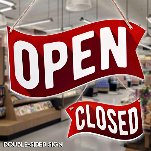 Bigtime Signs Open Closed Sign For Business Door - Pvc 6.25" X 11.5" Reversible Double Sided With Rope For Hanging - Red Background Open Signs For Business Decor | Waving Banner Style Door Mount Sign #TOP6