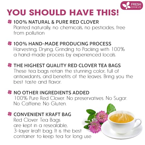 Image of FreshDrinkUS, Premium Red Clover Herbal Tea- 75 Tea Bags - Pure - Naturally Smooth & Mild Flavor - Premium Quality, Eco-Conscious Packaging. Caffeine-Free. Gluten Free. Vegan