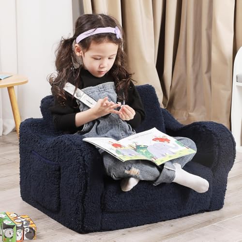 image for MOMCAYWEX Kids Sofa, 2-in-1 Flip-Out Foam Couch with Soft Sherpa Cover