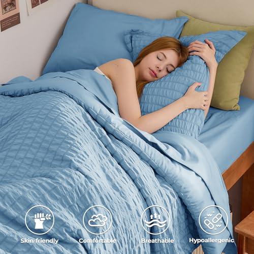 Image of HYMOKEGE Mineral Blue Twin Comforter Set Seersucker 5 Pieces, All Season Luxury Bed in a Bag for Bedroom, Bedding Set with Comforter, Sheets, Pillowcase & Sham