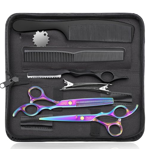 JASON Hair Cutting Scissors Set - Professional 10 PCS Haircut Scissors kit, Texturizing Scissors with 30 Teeth, Straight Shears for Barber, Hairdresser, Men, Women, Stylist (6.7", Rainbow)