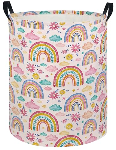 Image of Baby Laundry Hamper kids laundry Basket Waterproof Laundry Bag for Bedroom Clothes Organizer Room Decor(Pink Rainbow)