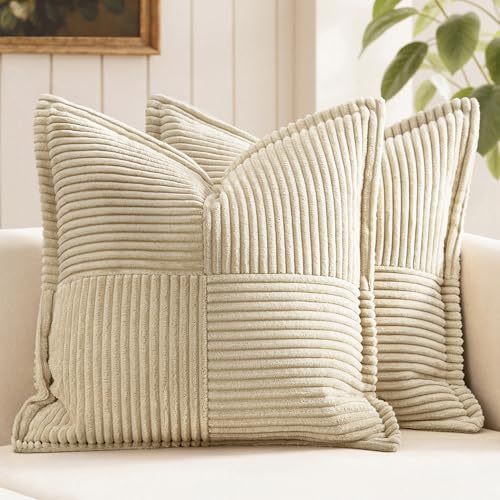 Image of MIULEE Decorative Throw Pillow Covers for Couch Bed Livingroom 20x20 Inch Set of 2 Cream Boho Accent Throw Pllows Broadside Striped Patchwork Soft Corduroy Pillowcases