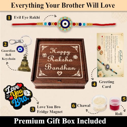 Image of SWAGSTATION Rakhi Gift for Brother, Evil Eye Rakhi with Guardian Bell Evil Eye Keychain, Love You Bro Fridge Magnet, Greeting Card, Roli Chawal & MDF Gift Box, Raksha Bandhan Gift Set