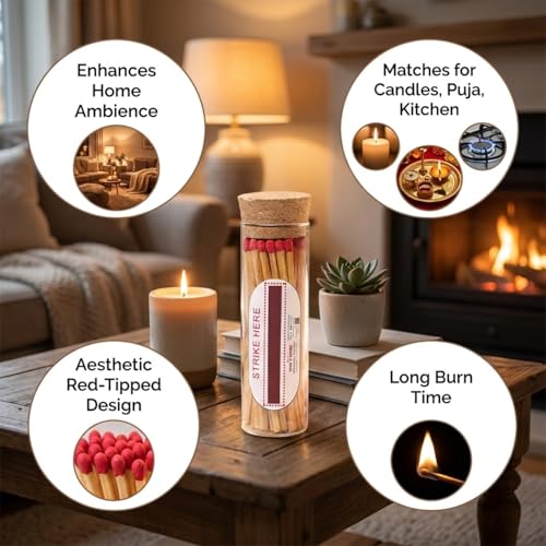 Image of Sage & Herbs Long 35 Matchsticks in a Borosilicated Cork Jar | For Fireplace, Kitchen, Home Temple | Long Burn Time Matcsticks (Red, Extra Long)