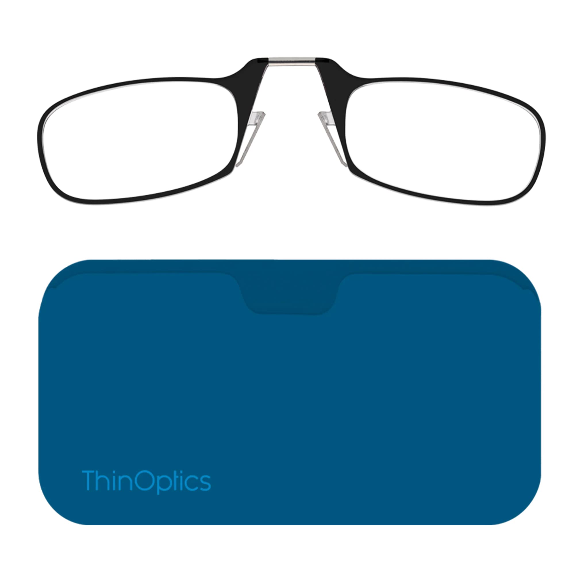 ThinOptics Reading Glasses 2.00 Black Frames with Blue Universal Pod Compact Case, Ultra-light Foldable Rectangular Glasses