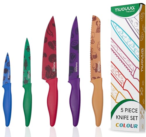 nuovva Professional Kitchen Knife Set – 5pcs Colour Pattern Kitchen Knives – Stainless Steel Granite Non Stick Blades – Chefs, Filleting, Bread, Paring and Utility Knives