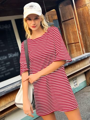 Yousify Women’s T Shirt Dress Cotton Summer Dresses 2025 Casual Loose Short Sleeve Striped Mini Dress with Pockets4