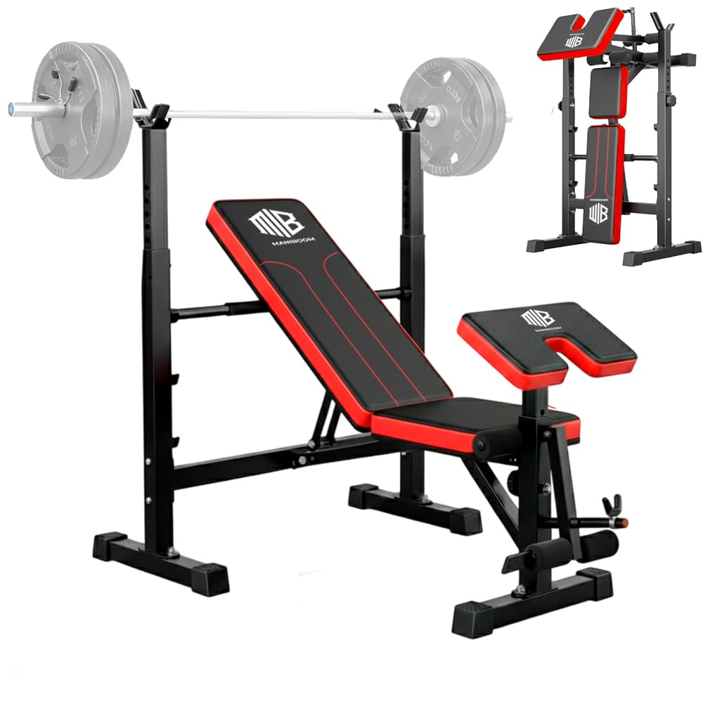 ManiBoom Banco de Musculación PLEGABLE y AJUSTABLE – Banco de Pesas Multifuncional con Soporte para Barra, Carga Máxima 300 kg y Banco de Abdominales Estable para Entrenar en Casa