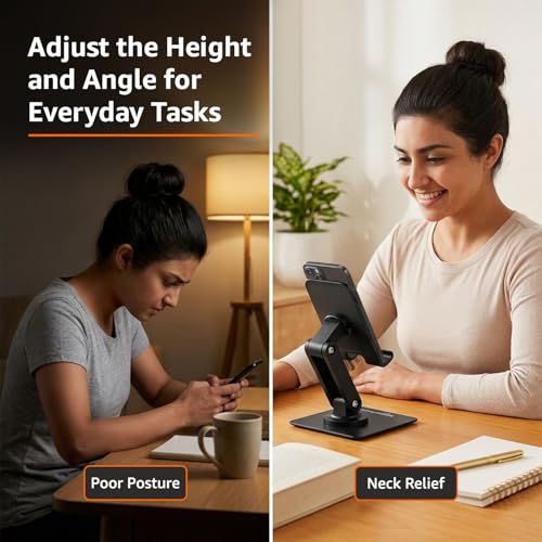 Image of amazon basics 360 Rotating Phone Stand for Desk, Foldable & Adjustable Height Mobile Holder, Anti-Slip Base, Compatible with All Smartphones (Black)