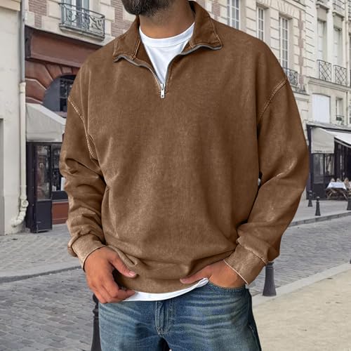 Mens Acid Wash Sweatshirt Vintage Casual Zipper Solid Color Pullover Tops Lapel Fashion Lightweight Comfort Streetwear3