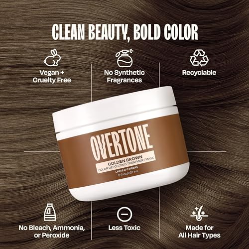 Image of Overtone Semi Permanent Hair Color Conditioner, Golden Brown, 8 oz, Nourishing, Damage-Free, Color Depositing Mask for All Hair Types with Shea Butter & Coconut Oil, Vegan & Cruelty-Free