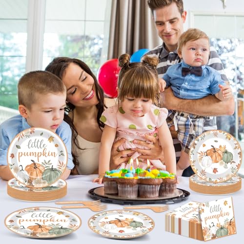 Image of 96Pcs Fall Little Pumpkin Baby Shower Party Decoration Set Autumn Lil Pumpkin Plates and Napkins Tableware Set Party Decorations for Baby Shower Fall Thanksgiving Birthday Parties Favors for 24 Guests