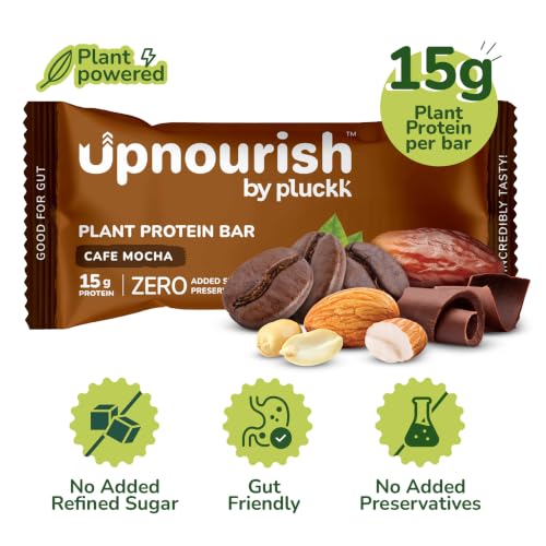 Image of Upnourish by Pluckk Plant Protein Bar - Pack of 6 (50g Each) | 15g Protien , 2g Fiber | No Added Sugar & Preservatives | Protein Bar without sugar | Lactose & Gluten Free | Gut Friendly | Cafe Mocha Flavoured - 300g